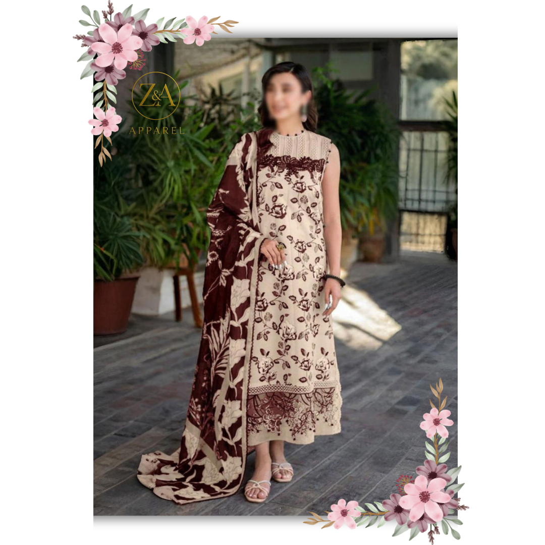 Asifa & Nabeel | Beige & Maroon - Embroidered & Printed Linen Collection
