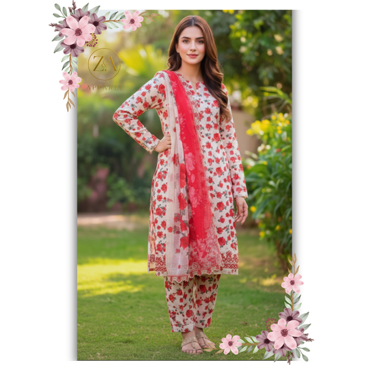 3 Piece Unstitched Aneelas Collection - Cream | Lawn Collection