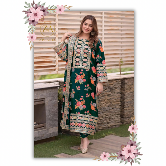 3 Piece Unstitched Aneelas Green- Lawn Collection