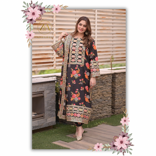 3 Piece Unstitched Aneelas Black- Lawn Collection